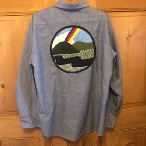 1970’s VTG Blue Chambray Western Button Down Shirt Rainbow Embroidered Appliqué